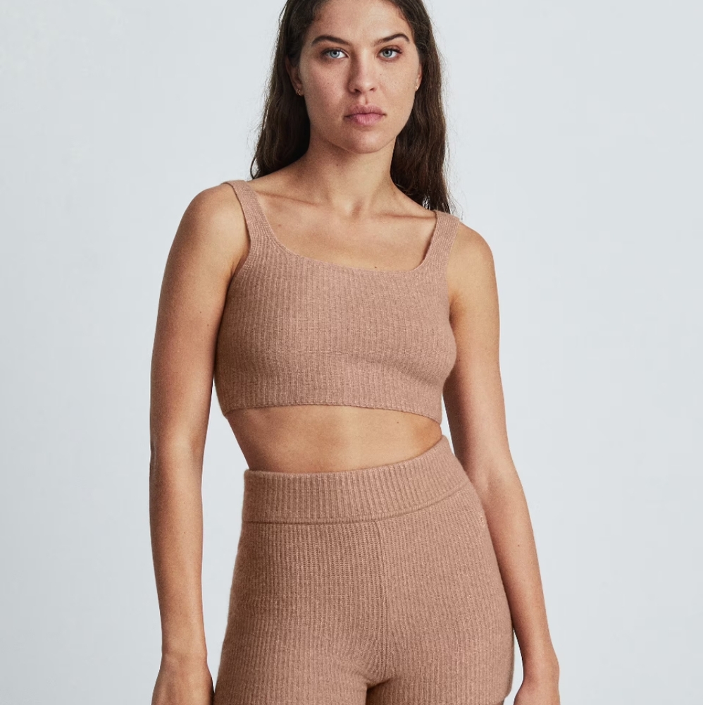 BN Everlane heathered camel fuzzy cozy wool/yak blend crop tank
